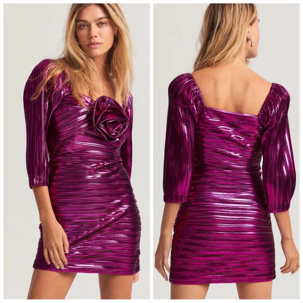 •LOVESHACKFANCY• Thompson Rose Appliqué Metallic Minidress in Fuchsia Size 0